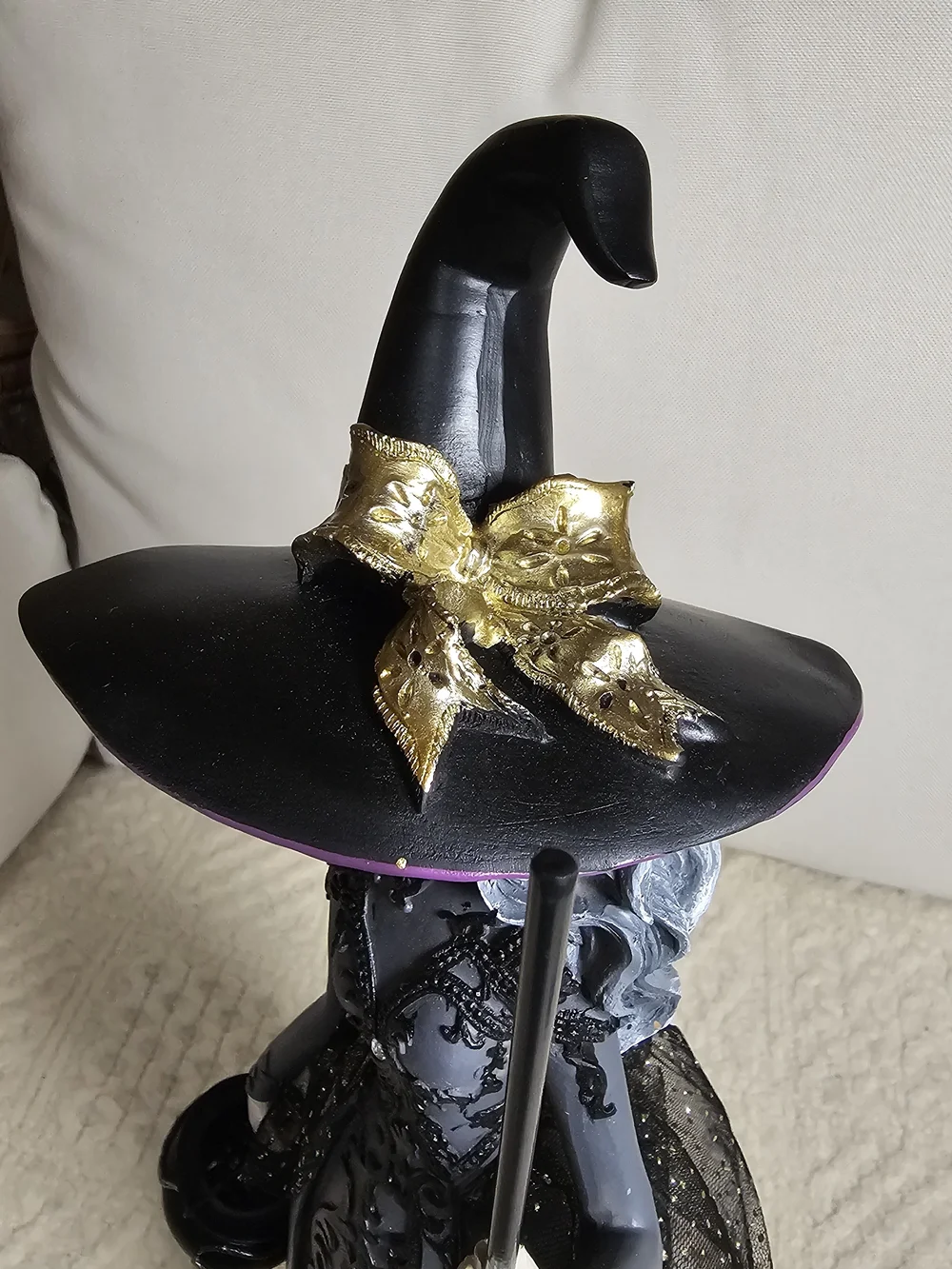 Elegant Gothic Witch Figurine Halloween Decor Black Gold Tulle Gown Broom